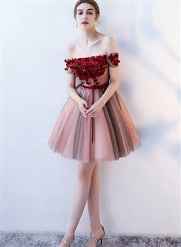 Picture of Pink and Grey Off Shoulder Lace Flowers Short Party Dresses, Off Shoulder New Homecoming Dress